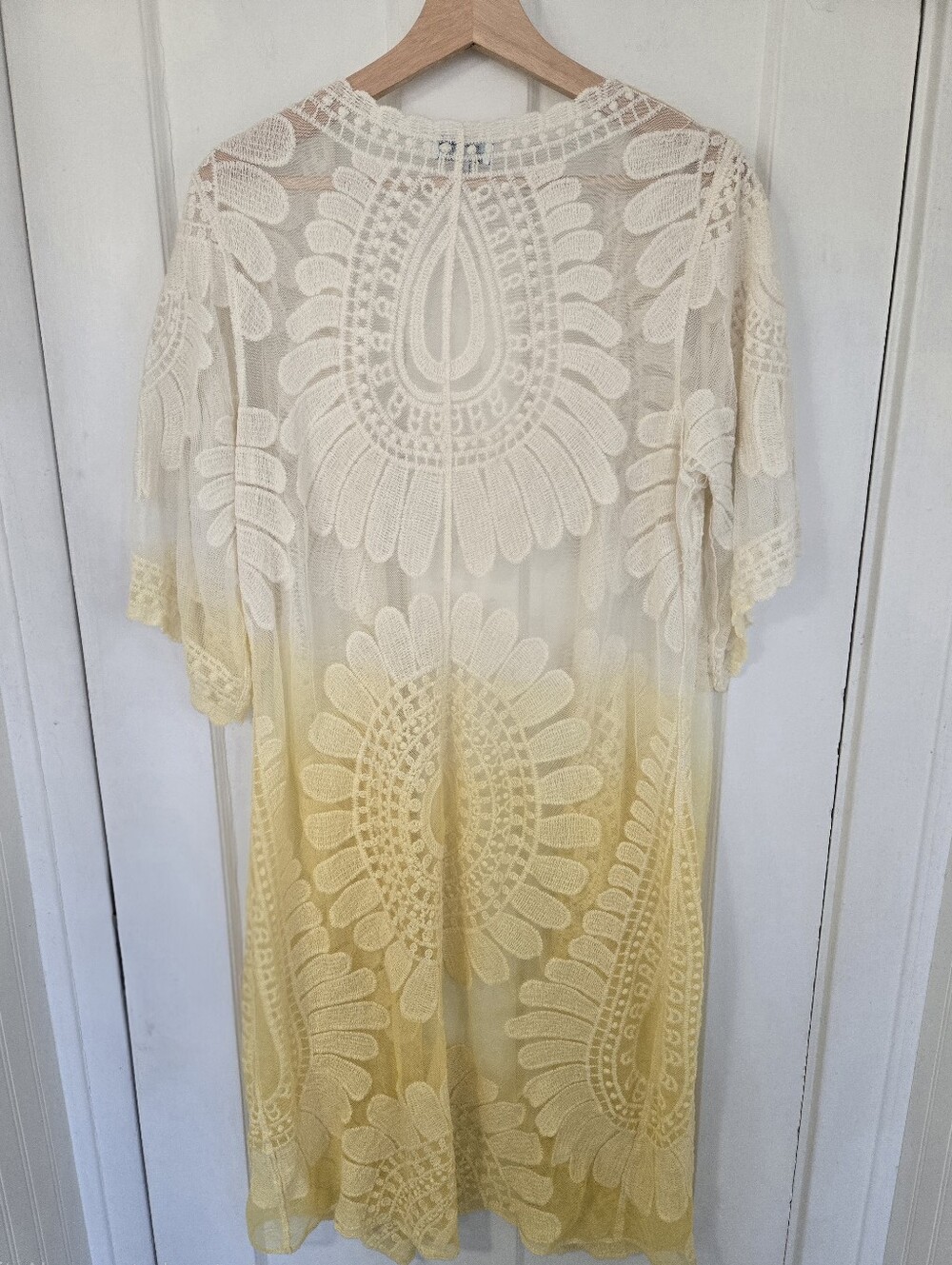 Women's Sheer Crochet Kimono Duster Butter Yellow Ombre Size L Festival Boho